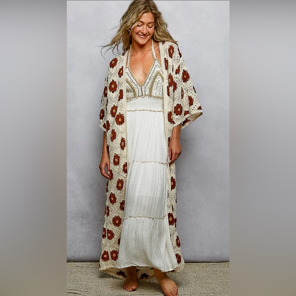 POL 2026 3/4 Sleeve Floral Pattern Crochet Maxi Open Cardigan Top One Size